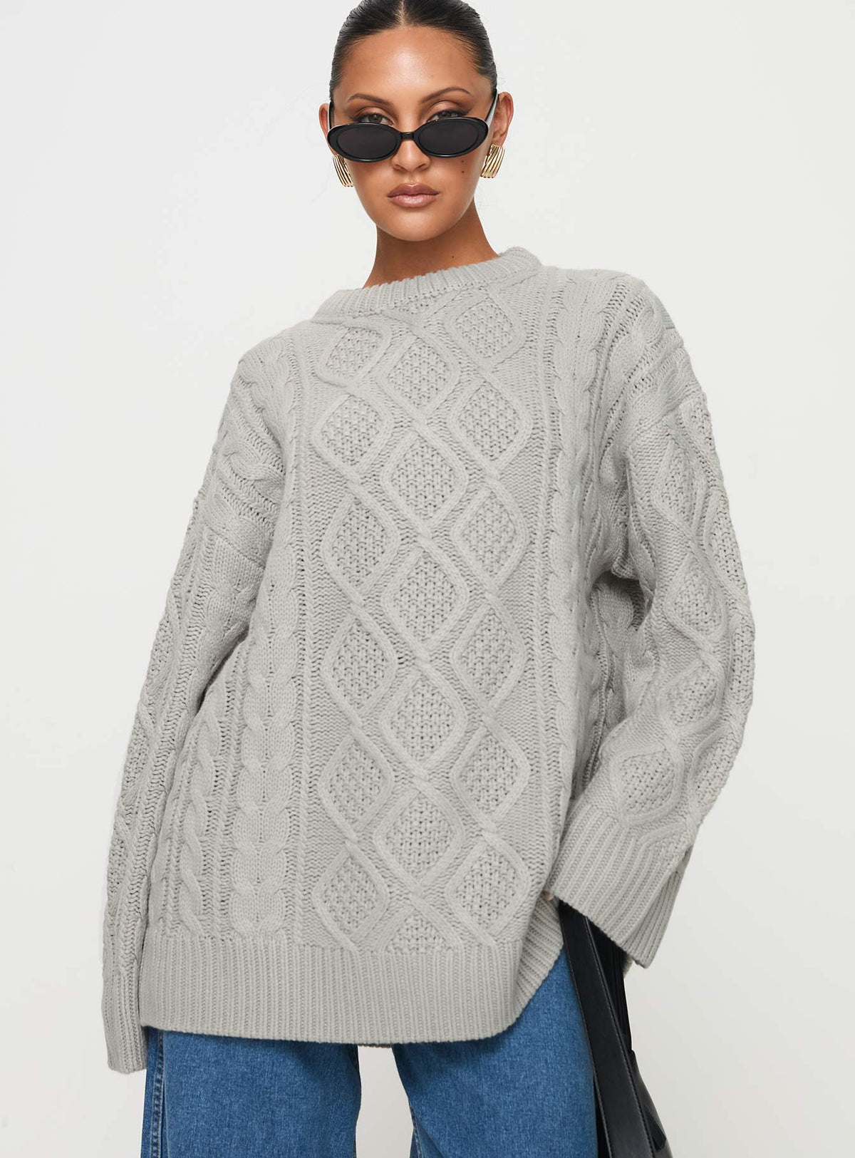front view of model wearing Princess Polly Gigi Knit Sweater Cloud Longline Jumpers Jumpers 