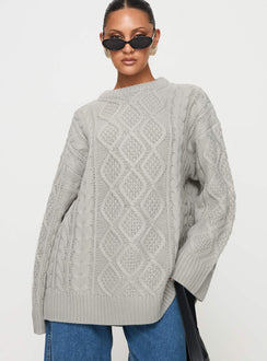 front view of model wearing Princess Polly Gigi Knit Sweater Cloud Longline Jumpers Jumpers 