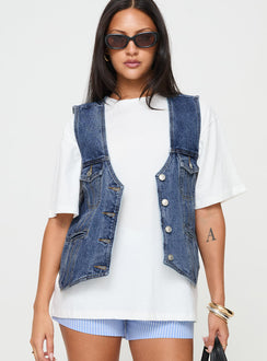 Denim vest Oversized fit, silver-toned hardware, button fastening, four pockets