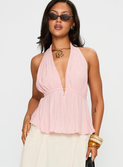 front view of model wearing Princess Polly Saddler Halter Top Pink Sleeveless Plunger 