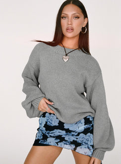 front view of model wearing Princess Polly Harmony Balloon Sleeve Knit Sweater Grey Longline Jumpers Jumpers 