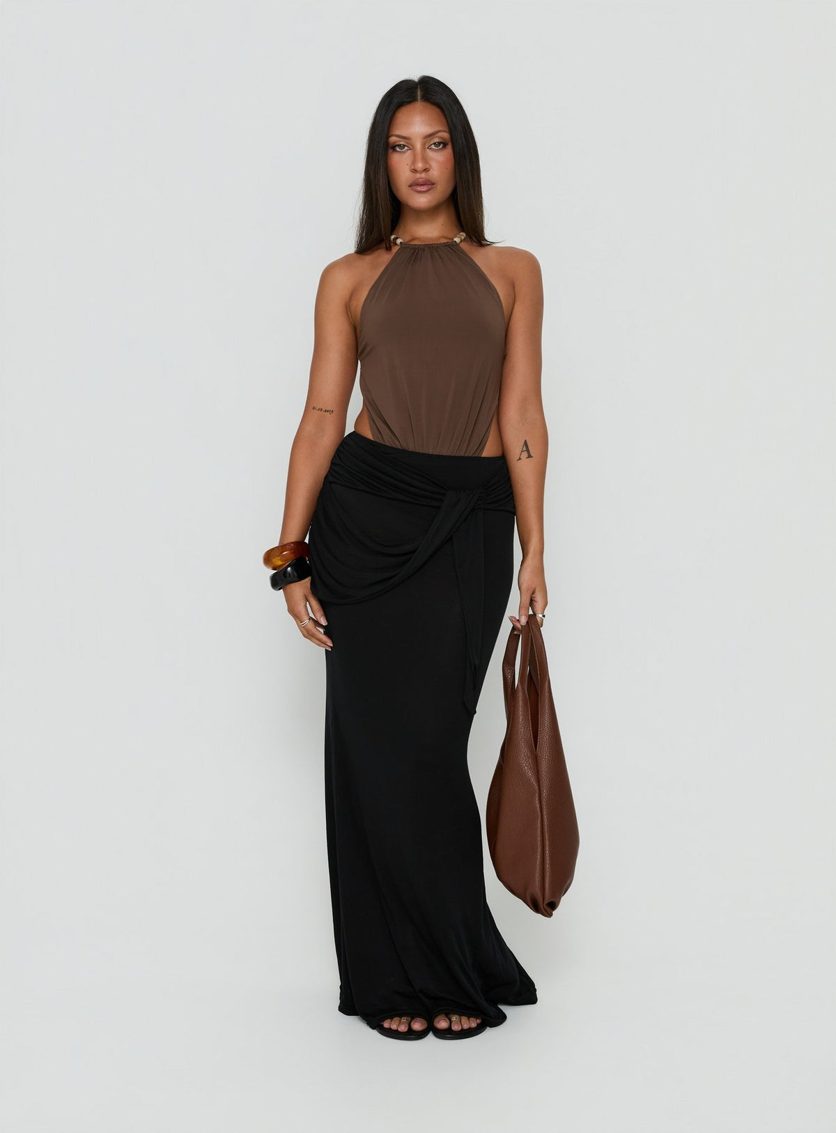 Featuring the Noree Bead Detail Bodysuit Mocha womens-bodysuit in sleeveless style product Princess Polly
