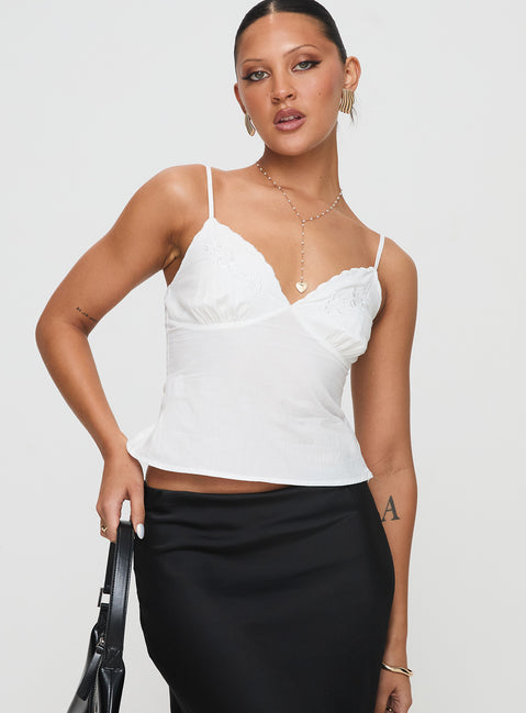 front view of model wearing Princess Polly Aruba Embroidered Cami White Sleeveless Plunger 