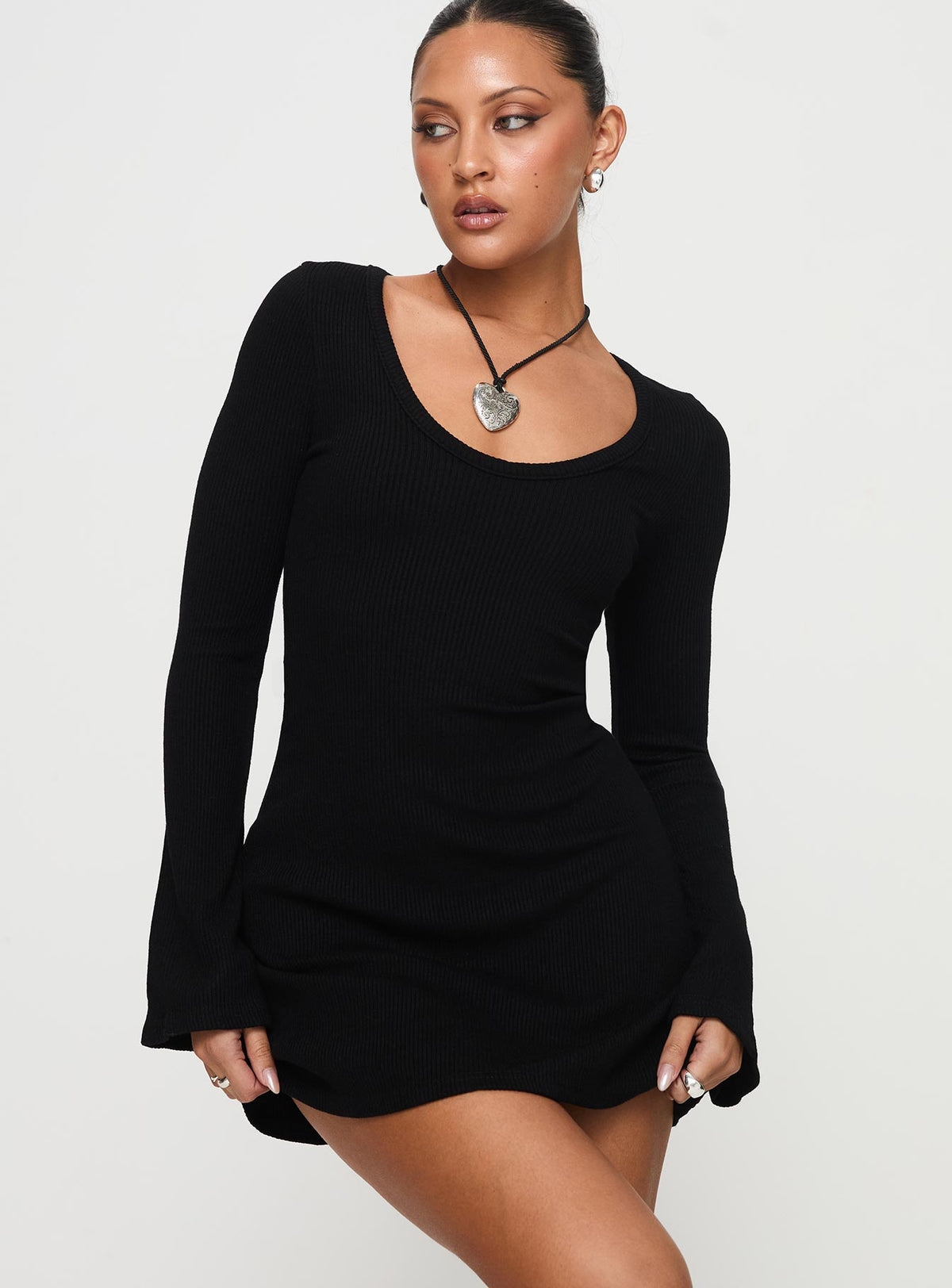 front view of model wearing Princess Polly Best Interest Long Sleeve Mini Dress Black Tall Scoop Neck 