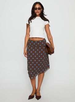   front view of model wearing Princess Polly Daphene Asymmetrical Midi Skirt Brown / Blue Polka Dot Midi Skirts Skirts 