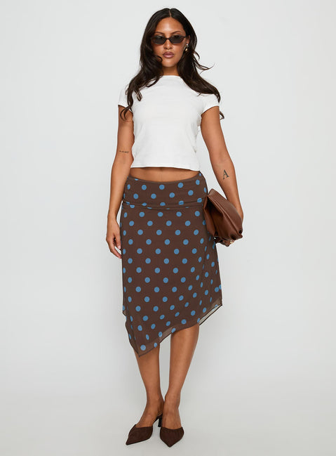   front view of model wearing Princess Polly Daphene Asymmetrical Midi Skirt Brown / Blue Polka Dot Midi Skirts Skirts 