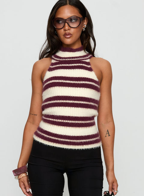 Heide High Neck Fluffy Top Burgundy Stripe