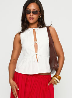 front view of model wearing Princess Polly Rosellah Tie Up Top White Sleeveless Crew Neck 