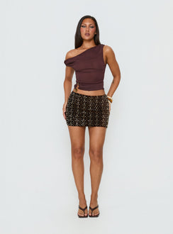 Showcase the Zaraya Sequin Mini Skirt Brown womens-skirts mini length front view of model wearing