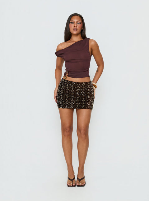 Showcase the Zaraya Sequin Mini Skirt Brown womens-skirts mini length front view of model wearing