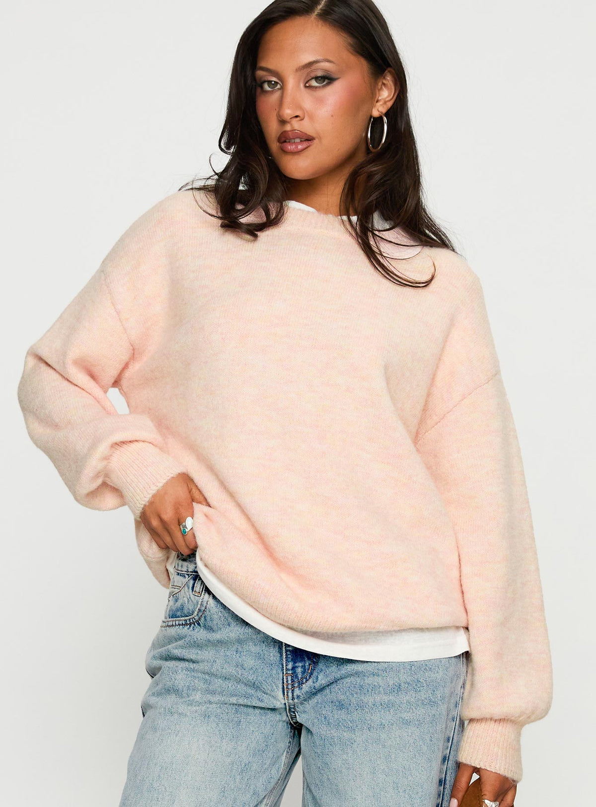 front view of model wearing Princess Polly Ryanna Sweater Pink Jumpers 