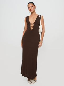 back view of model wearing Princess Polly Steward Maxi Dress Chocolate Petite Plunger 