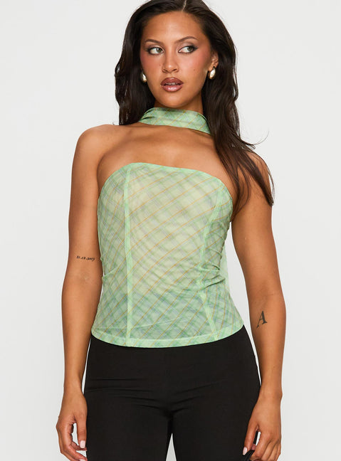 front view of model wearing Princess Polly No Comparison Neck Tie Strapless Top Green Check Sleeveless straight 