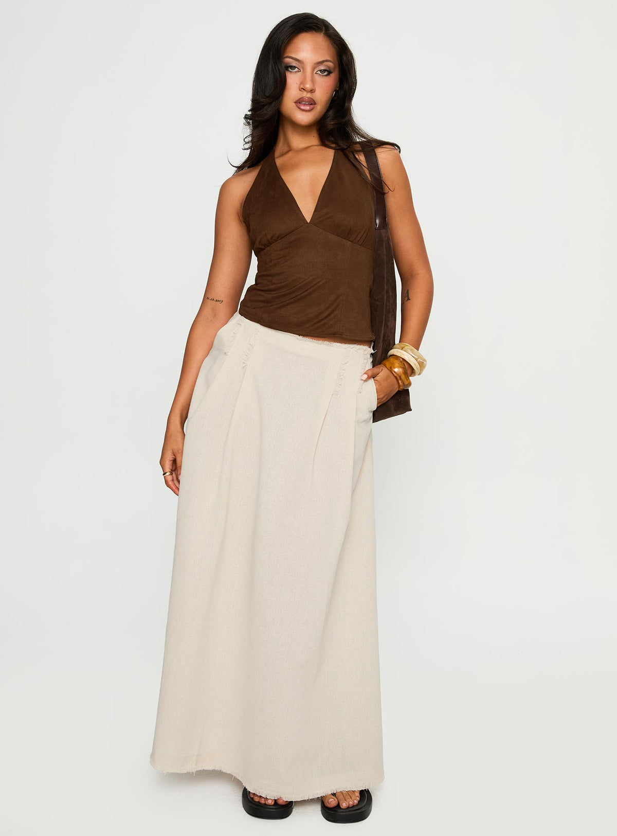   front view of model wearing Princess Polly Bohemian Spirit Maxi Skirt Beige Maxi Skirts Skirts 