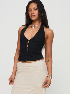 side view of model wearing Princess Polly Vayda Halter Top Black Sleeveless Plunger 