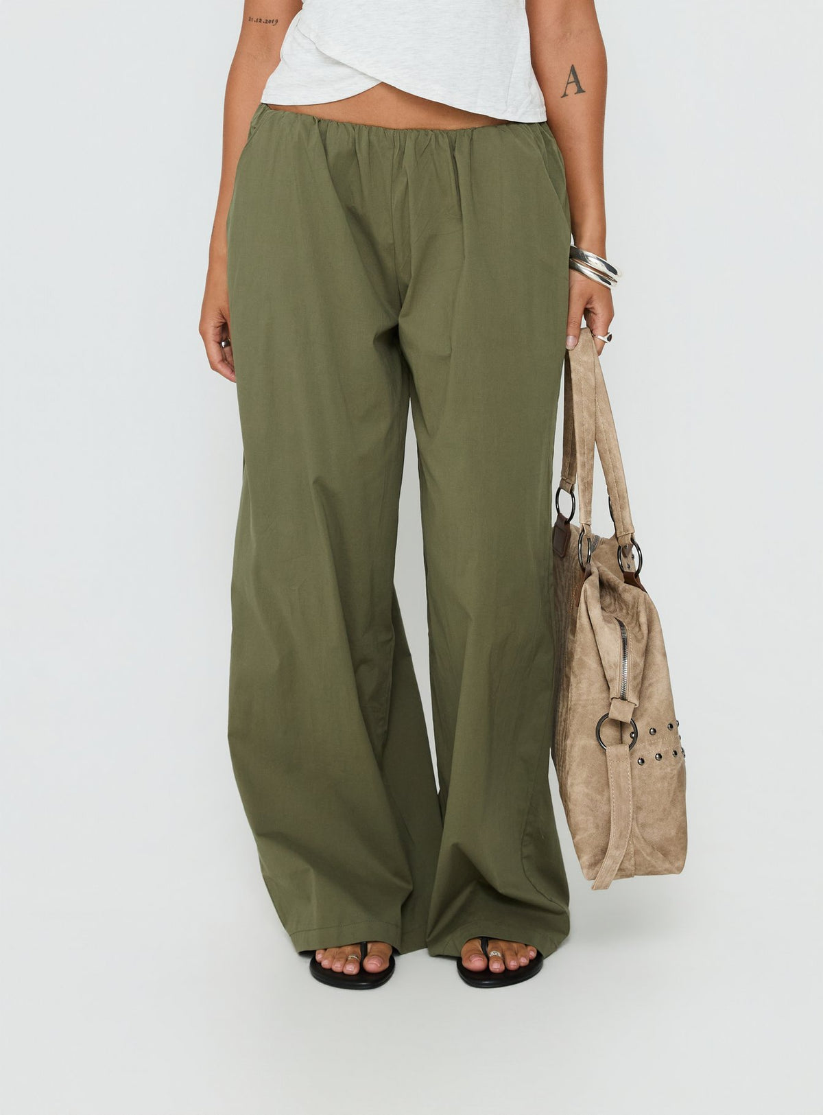 Crafted Lunea Concealed Waistband Pants Khaki Petite in mid-rise womens-regular-pants product Princess Polly