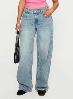 front view of model wearing Princess Polly Edge Of Town Mid Rise Straight Leg Jeans Vintage Blue Mid Rise Jeans Jeans 