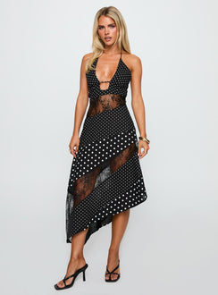 front view of model wearing Princess Polly Down With Love Asymmetrical Midi Dress Black / White Polka Plunger 