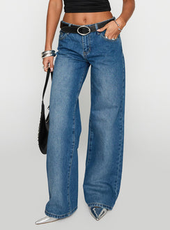 side view of model wearing Princess Polly On Sunset Mid Rise Straight Leg Jeans Dark Wash Mid Rise Jeans Jeans 
