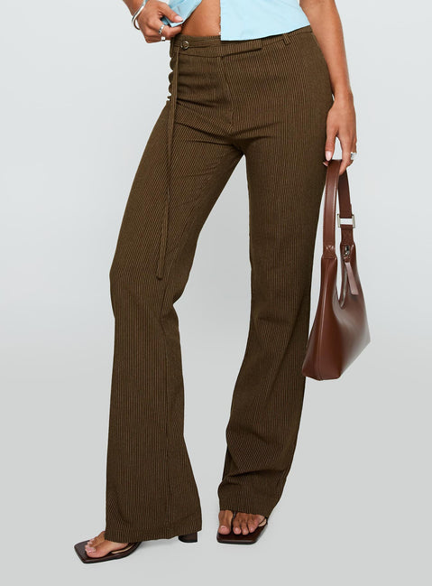 side view of model wearing Princess Polly Winika Pants Brown High Rise Pants Pants 