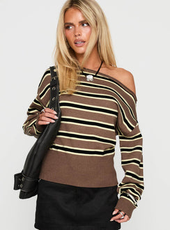 front view of model wearing Princess Polly Jalira Jumper Brown Stripe Long 