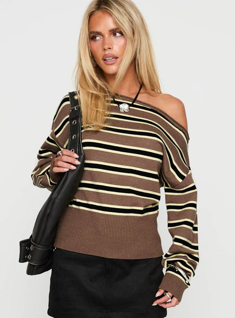 front view of model wearing Princess Polly Jalira Jumper Brown Stripe Long 
