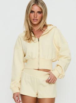 front view of model wearing Princess Polly Daytime Cropped Blouson Hoodie Buttercream Cropped Jumpers Jumpers 