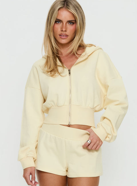 front view of model wearing Princess Polly Daytime Cropped Blouson Hoodie Buttercream Cropped Jumpers Jumpers 