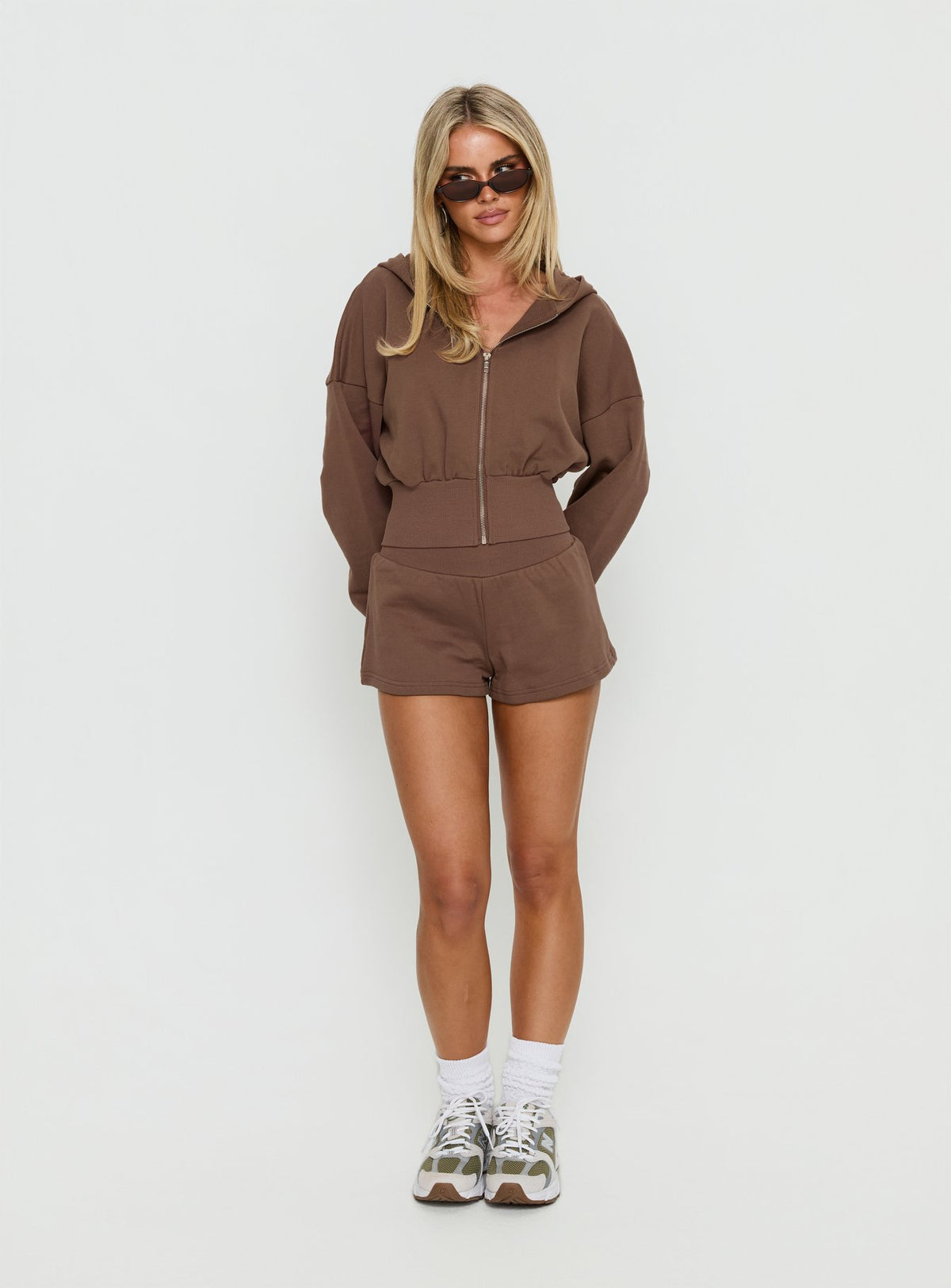 Designed with the Daytime Cropped Blouson Hoodie Cocoa womens-jumpers in short length on-body view of model wearing Princess Polly