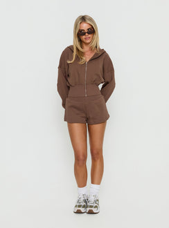 Designed with the Daytime Cropped Blouson Hoodie Cocoa womens-jumpers in short length on-body view of model wearing Princess Polly