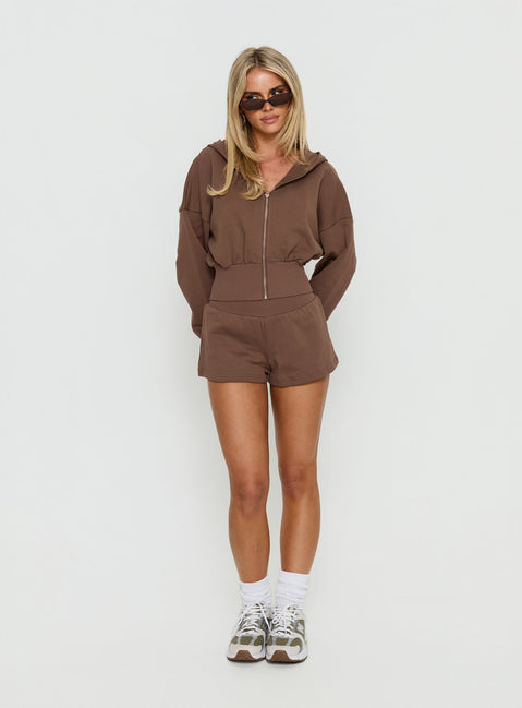 Designed with the Daytime Cropped Blouson Hoodie Cocoa womens-jumpers in short length on-body view of model wearing Princess Polly