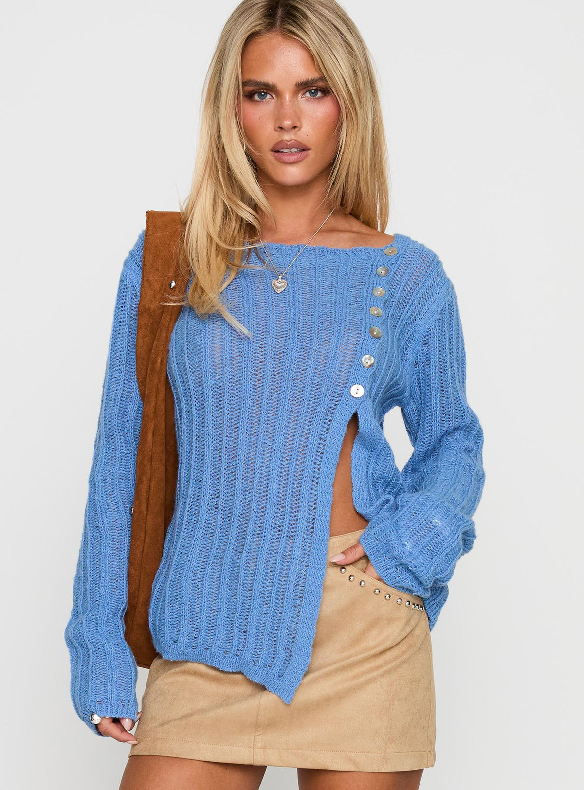 Featuring the Lenker Knit Jumper Blue womens-jumpers in short length front view of model wearing Princess Polly