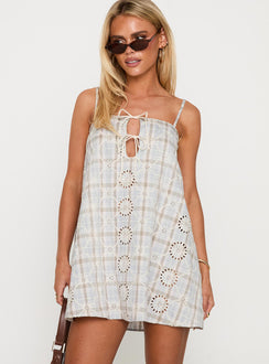 front view of model wearing Princess Polly Belong Together Mini Dress Blue Check Square Neck 