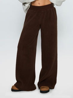 side view of model wearing Princess Polly Siberia Fleece Track Pant Chocolate Brown High Rise Pants Pants 