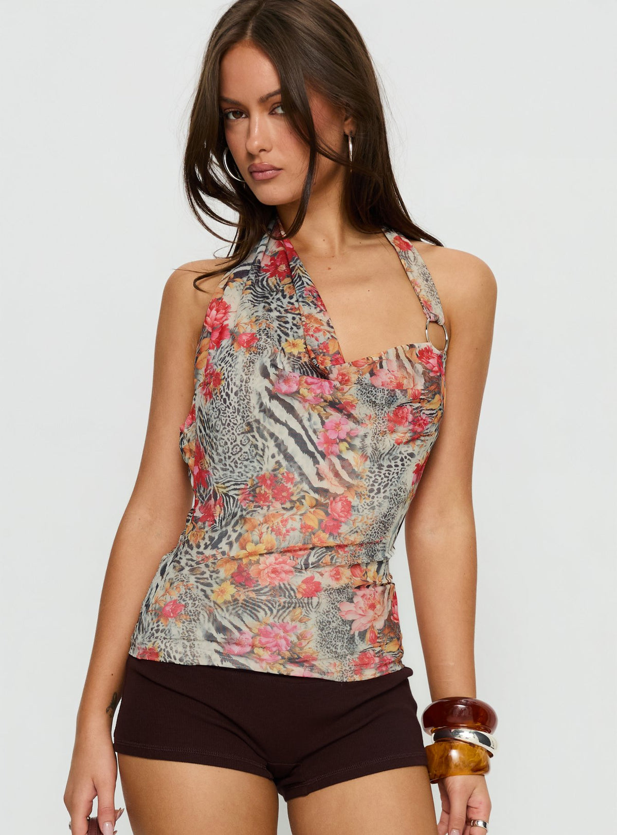 Analyssa Cowl Neck Top Leopard Floral