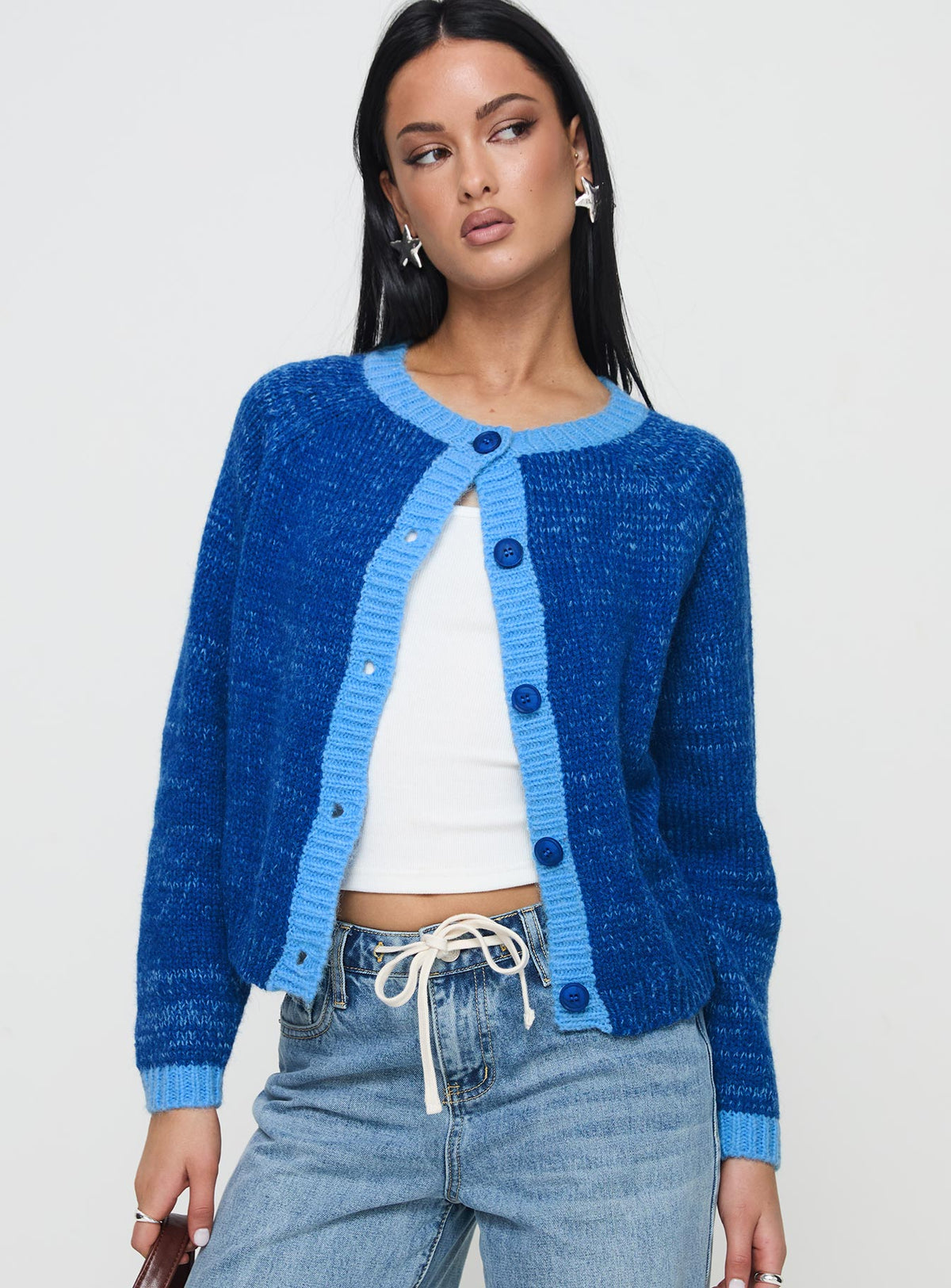 front view of model wearing Princess Polly Oak Meadow Cardigan Blue Jumpers 