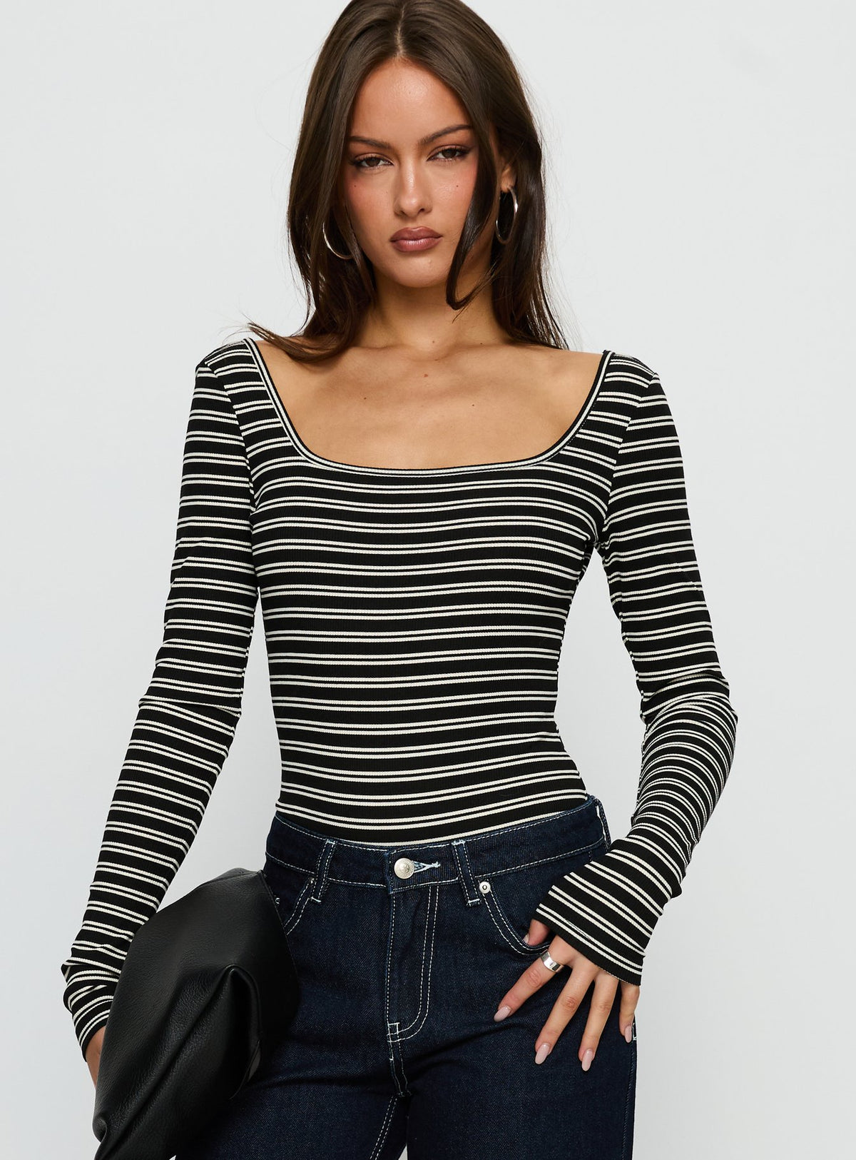 front view of model wearing Princess Polly Donica Square Neck Long Sleeve Bodysuit Grey Stripe Long Sleeve Tops Bodysuit 