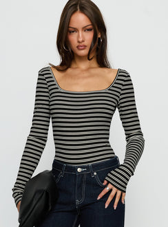 front view of model wearing Princess Polly Donica Square Neck Long Sleeve Bodysuit Grey Stripe Long Sleeve Tops Bodysuit 