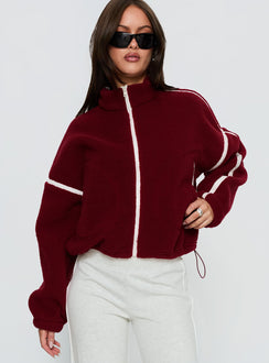 front view of model wearing Princess Polly Sammee Polar Fleece Contrast Zip Through Jacket Red Cropped Jumpers Jumpers 