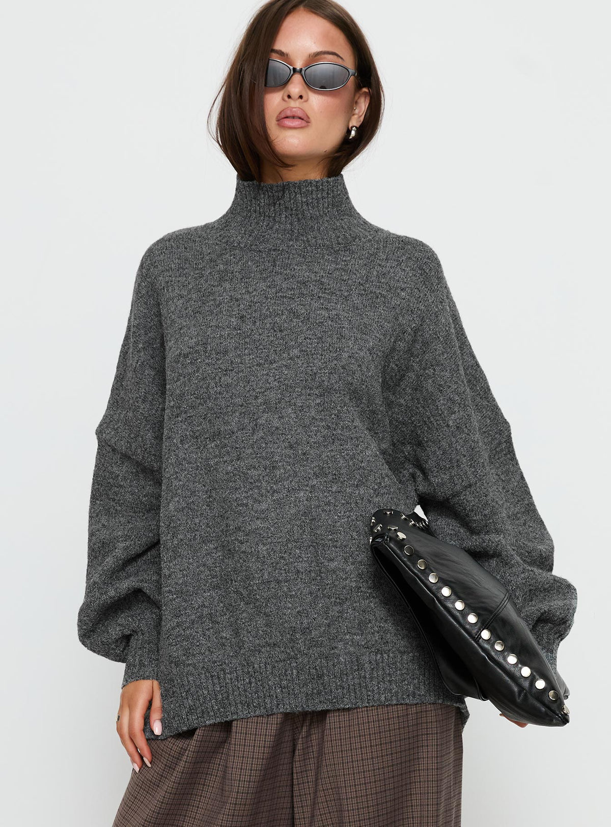 front view of model wearing Princess Polly Patrizia Funnel Neck Knit Sweater Grey Long 