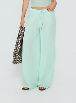 front view of model wearing Princess Polly Distinction Chiffon Pants Aqua Mid Rise Pants Pants 