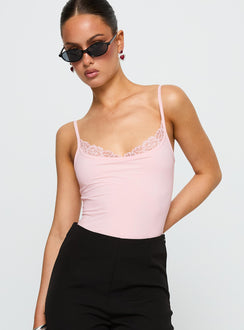 front view of model wearing Princess Polly Aetherial Lace Detail Bodysuit Pink Sleeveless Bodysuit 