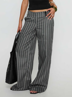Featuring the Cedars Low Rise Pant Grey Stripe Tall womens-regular-pants with low-rise waist detail view of model wearing Princess Polly