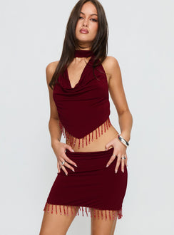   front view of model wearing Princess Polly Ginah Bead Tassel Mini Skirt Red Mini Skirts Skirts 