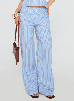 side view of model wearing Princess Polly Sofea Mid Rise Pant Blue Stripe High Rise Pants Pants 