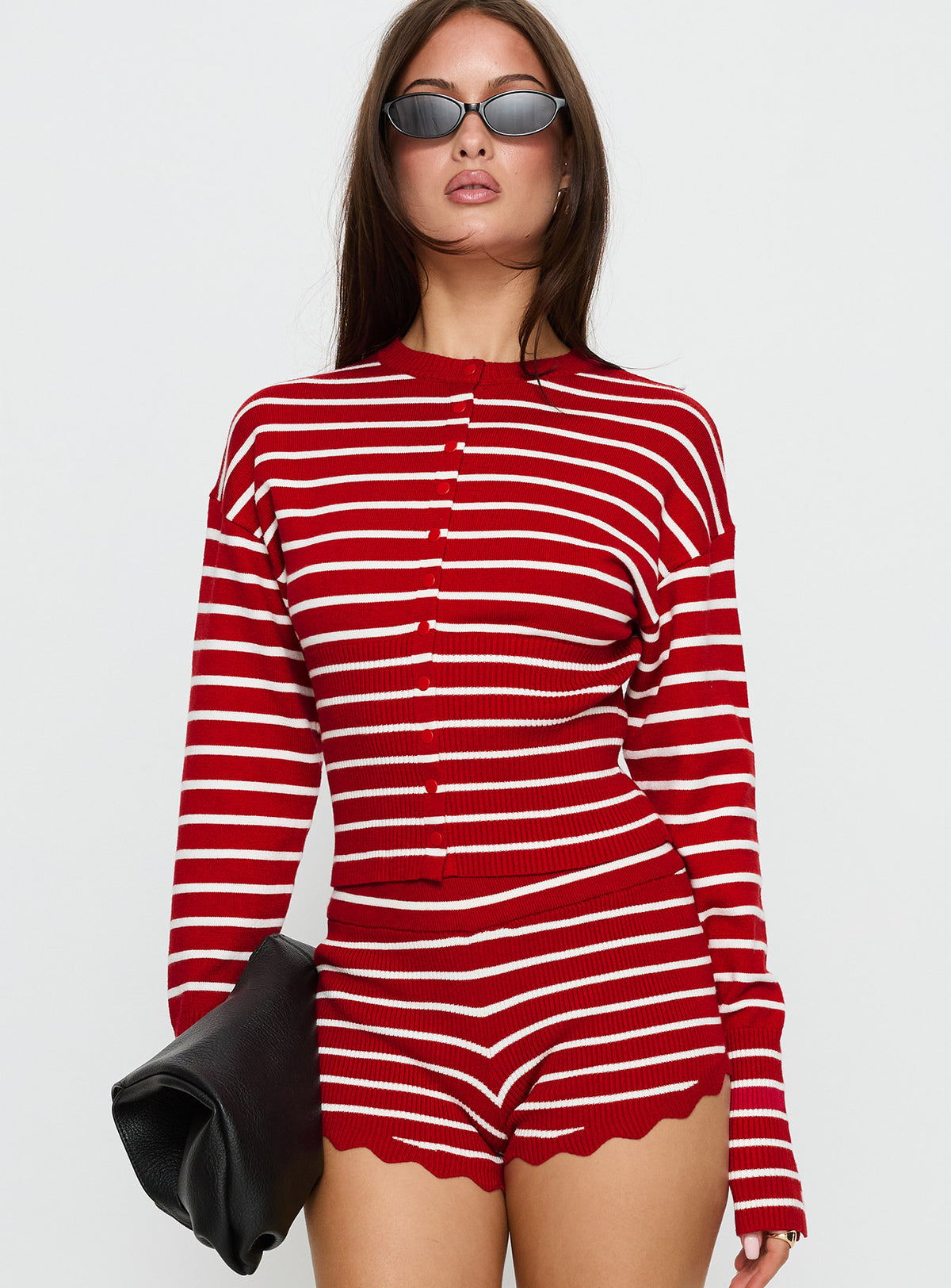 front view of model wearing Princess Polly Head In The Clouds Cardigan Crimson Stripe Jumpers 