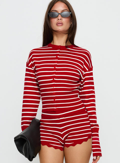 front view of model wearing Princess Polly Head In The Clouds Cardigan Crimson Stripe Jumpers 