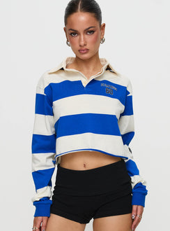 front view of model wearing Princess Polly UCSD Rugby Polo Navy / White Full Sleeves V-Neck 