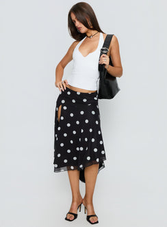   front view of model wearing Princess Polly Dulciana High Split Asymmetrical Midi Skirt Black / Polka Dot Midi Skirts Skirts 