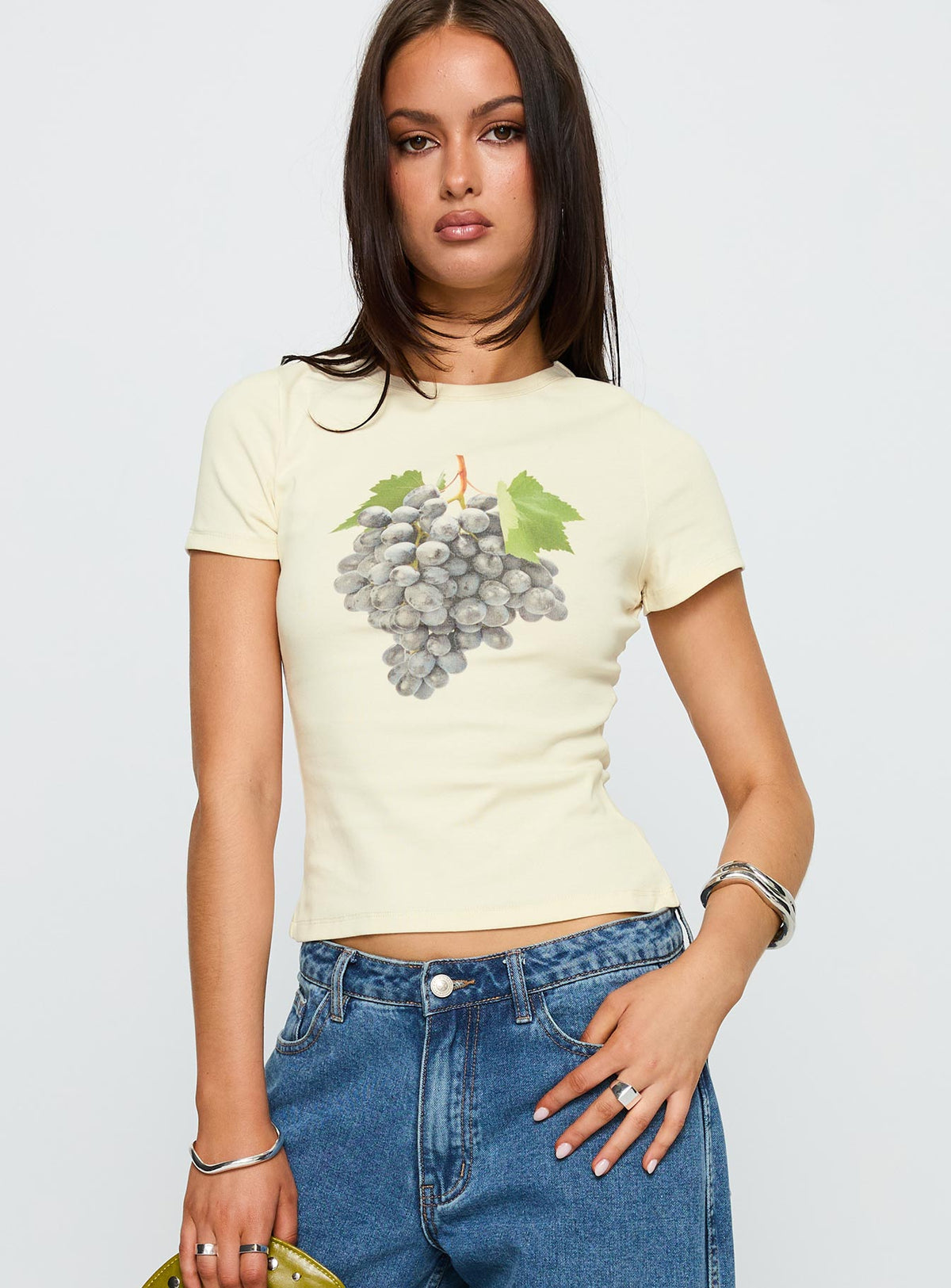 front view of model wearing Princess Polly Grapejuice Graphic Top Cream Short Sleeves Crew Neck 